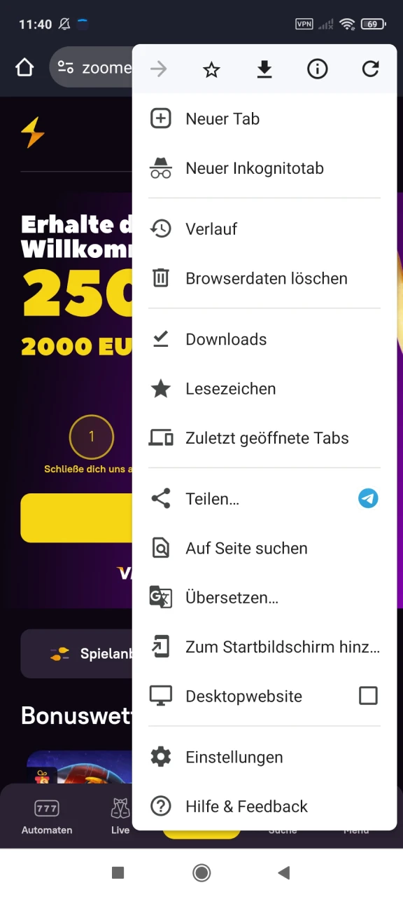 Öffnen Sie Ihr Browsermenü, um die Zoome-Anwendung zu installieren.