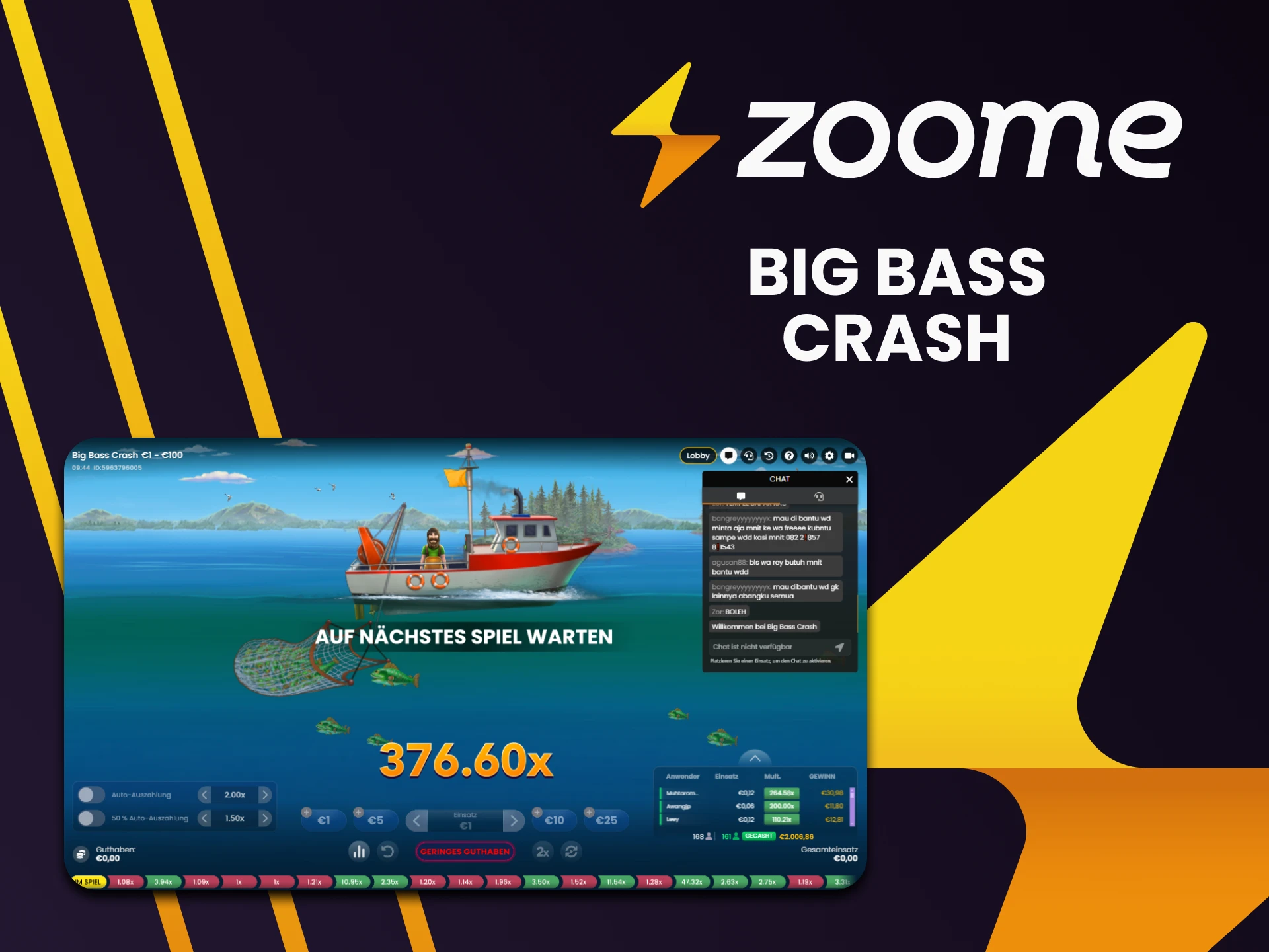 Im Crash-Bereich von Zoome können Sie Big Bass Crash spielen.