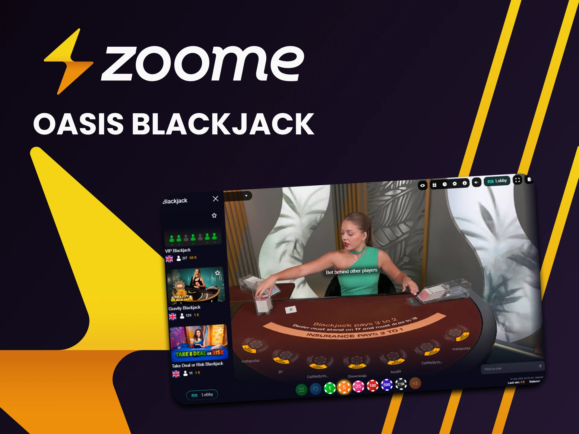 Oasis Blzckjack ist ideal für Live-Casinospiele auf Zoome.