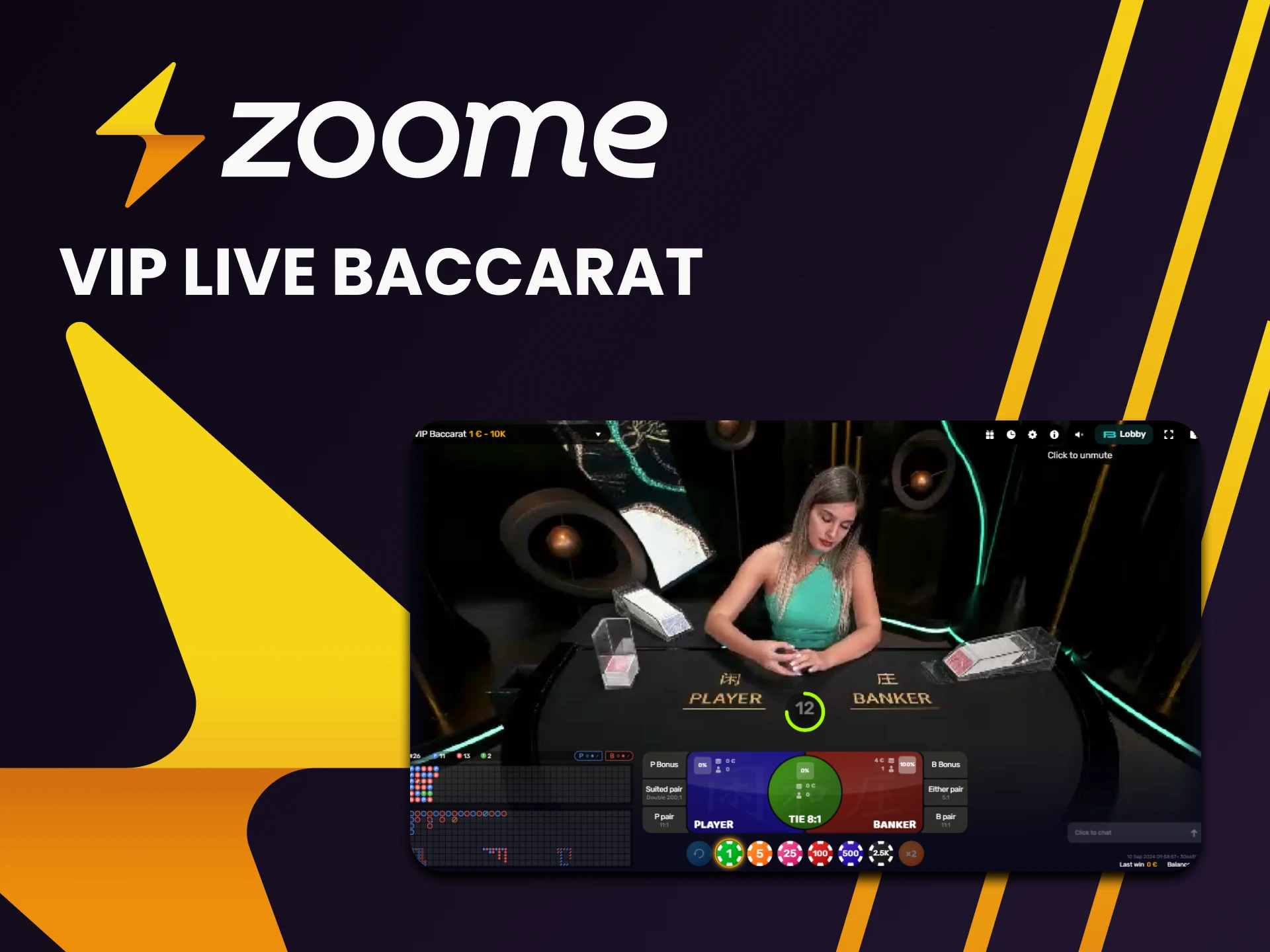 Für Live-Casinospiele von Zoome wählen Sie Vip Baccarat.