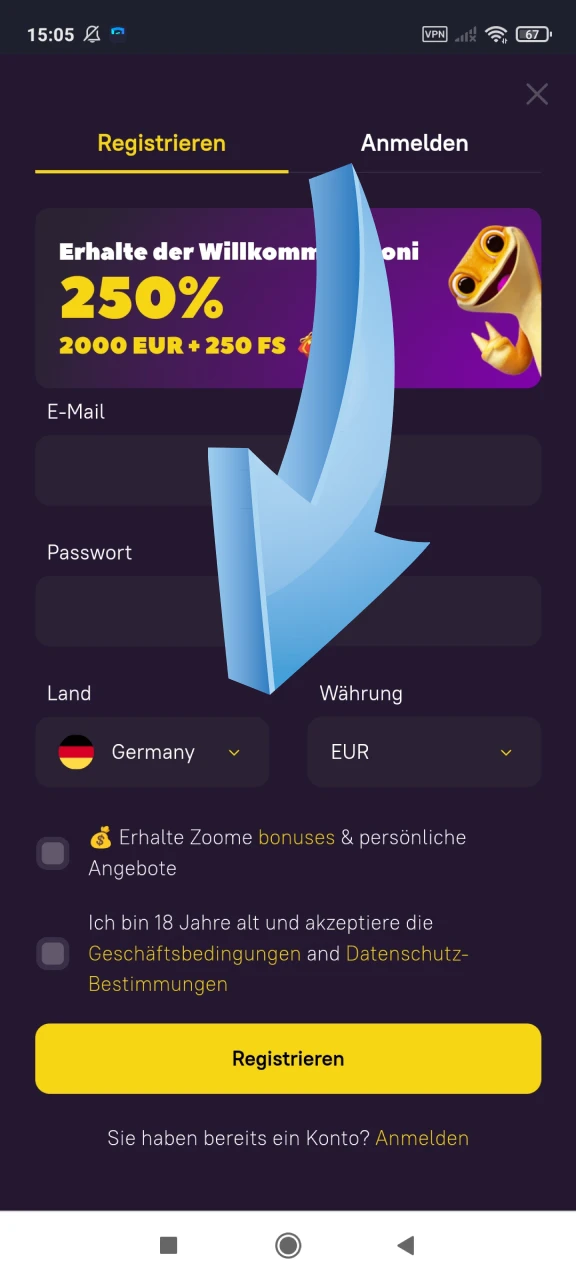 Wählen Sie Ihr Land und Ihre Währung aus, um sich bei Zoome zu registrieren.